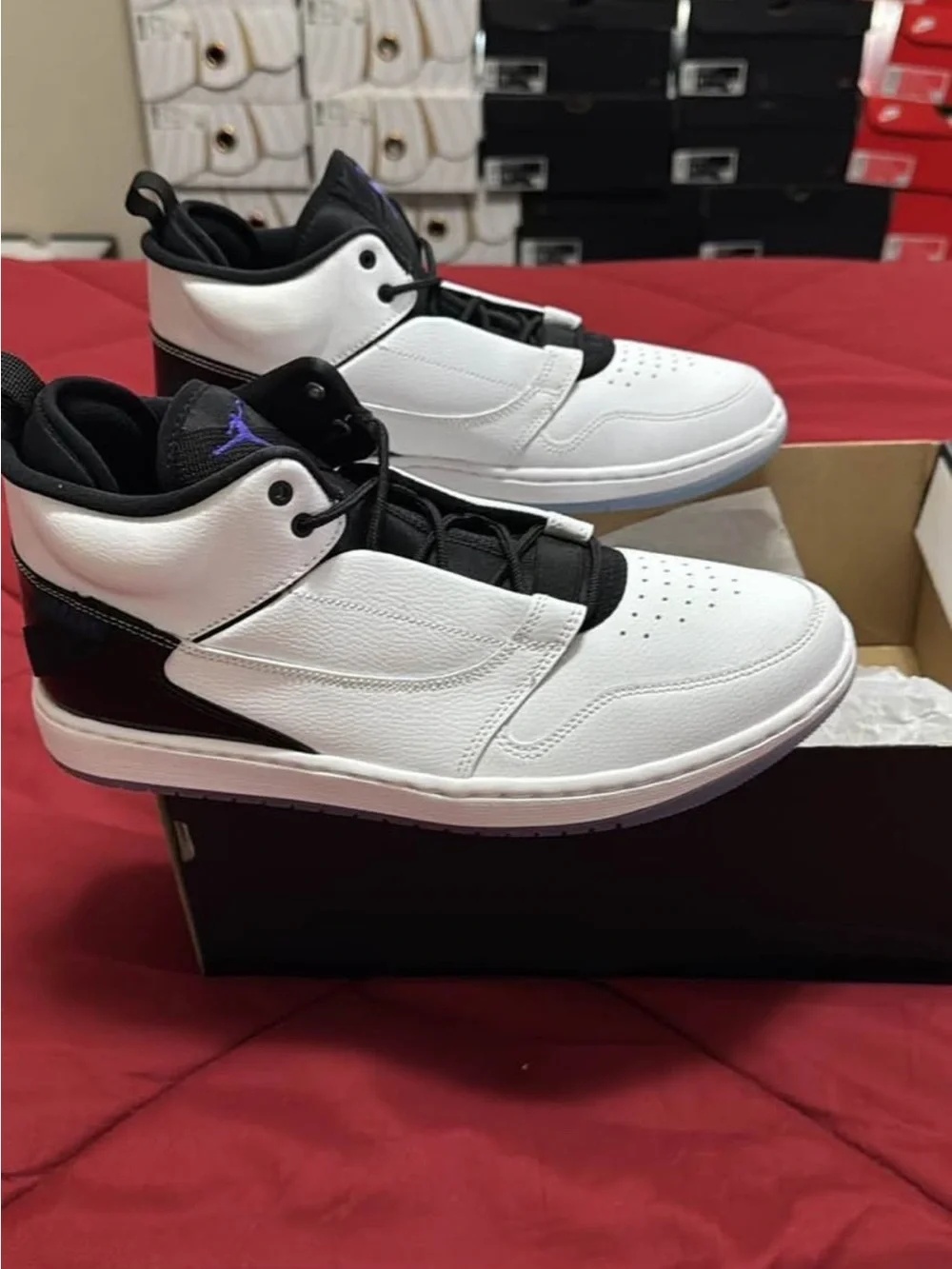 Men’s Jordan Fadeaway White and Black Sneakers with Purple Logo